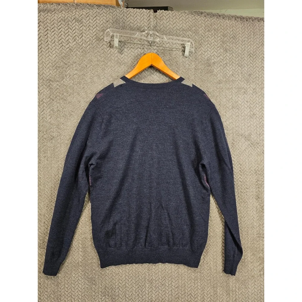 Banana Republic Mens L‎ Merino Wool Argyle V-Neck Sweater Navy Blue Purple Grey
